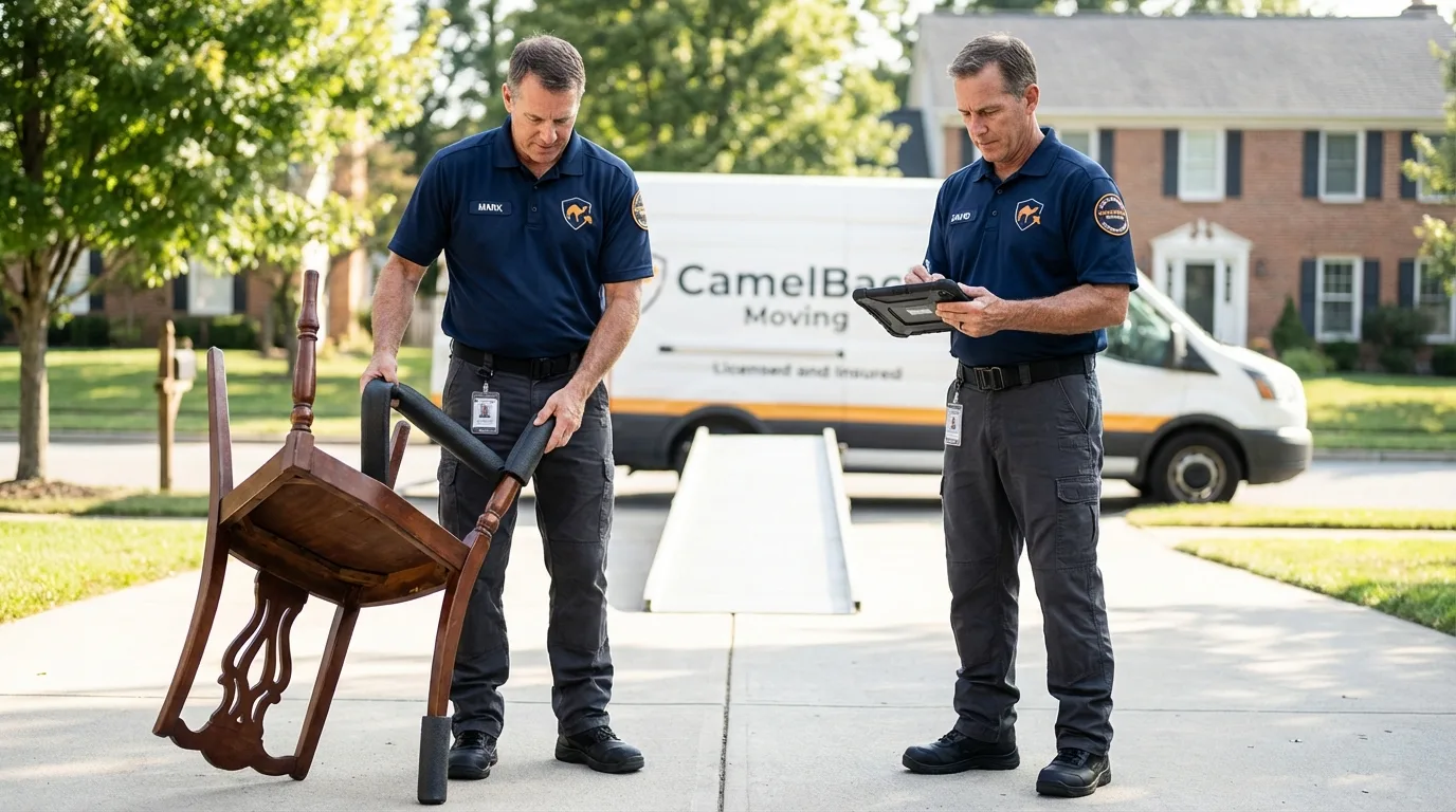 Movers inspecting furniture for damage prevention before loading in Fontana, CA