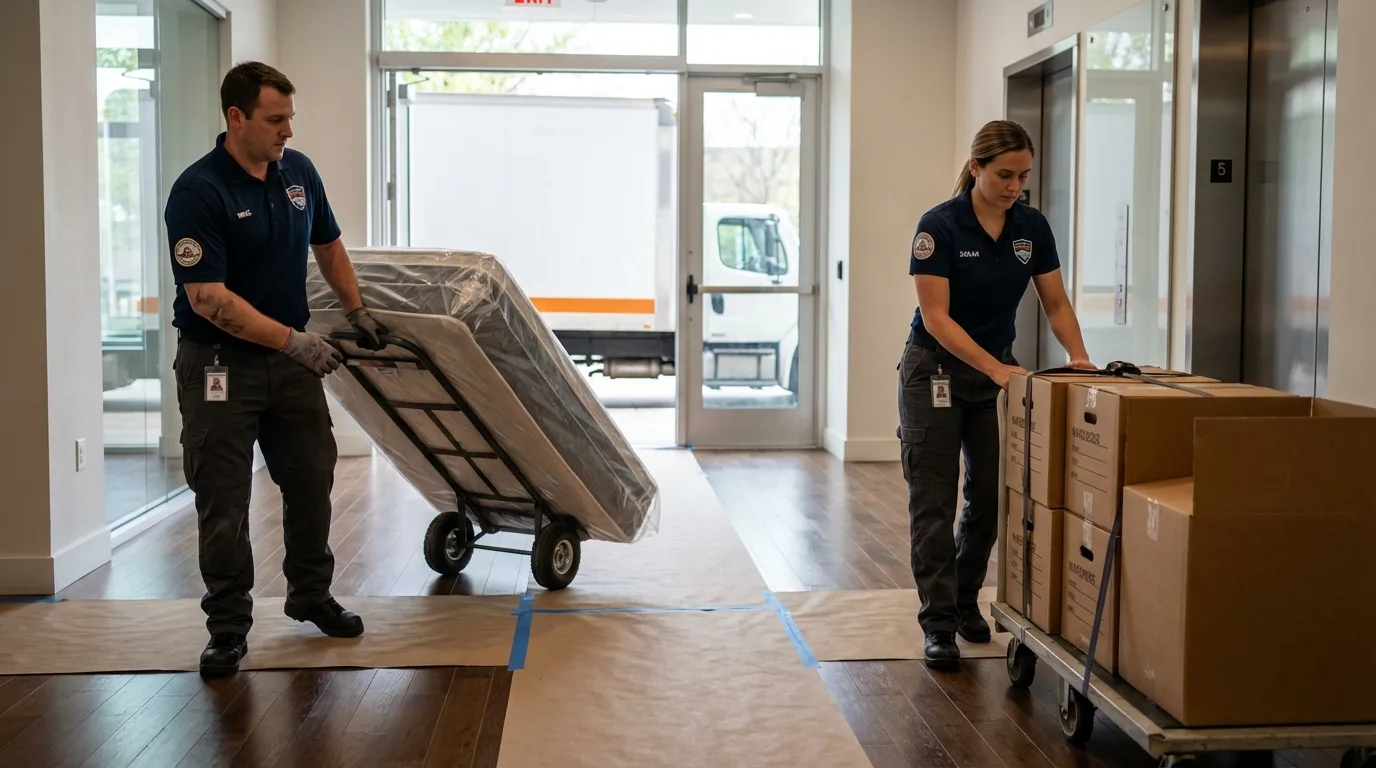 Professional apartment movers loading elevator in Fontana, CA