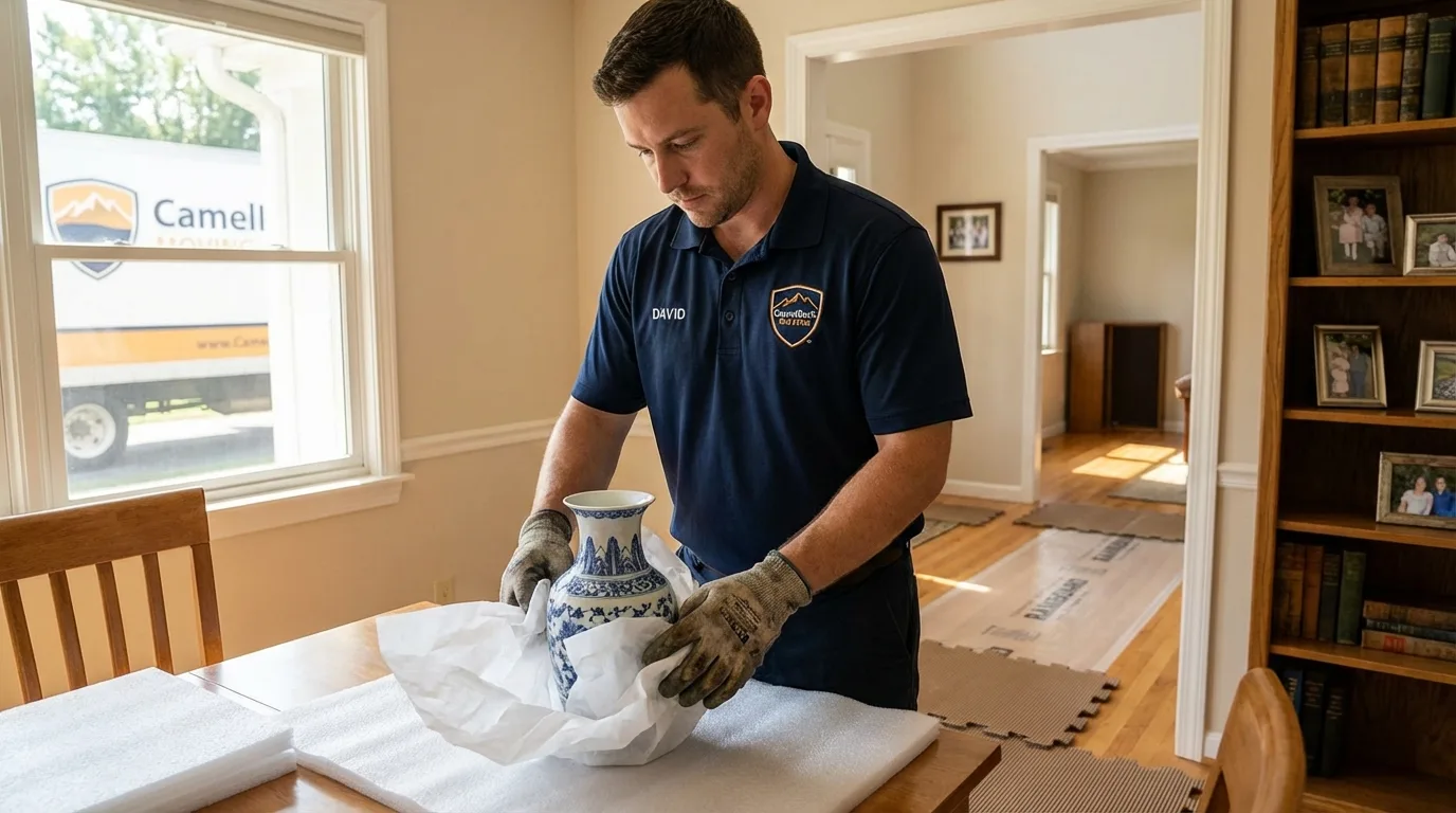 Professional crew carefully wrapping antique vase for senior downsizing move in Fontana, CA