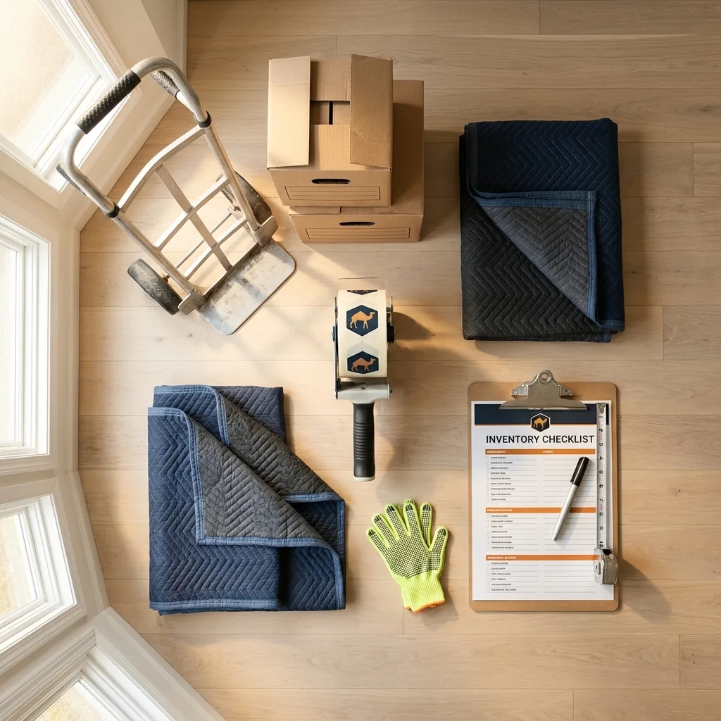 Professional moving supplies and packing materials layout for Fontana residential relocations